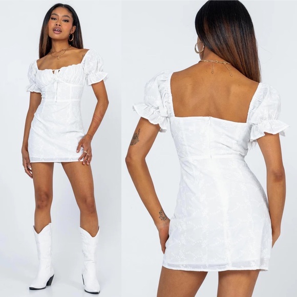 Princess Polly White Rose Eyelet Puff Sleeve Ruched Tie Bust Mini Dress - Picture 2 of 12